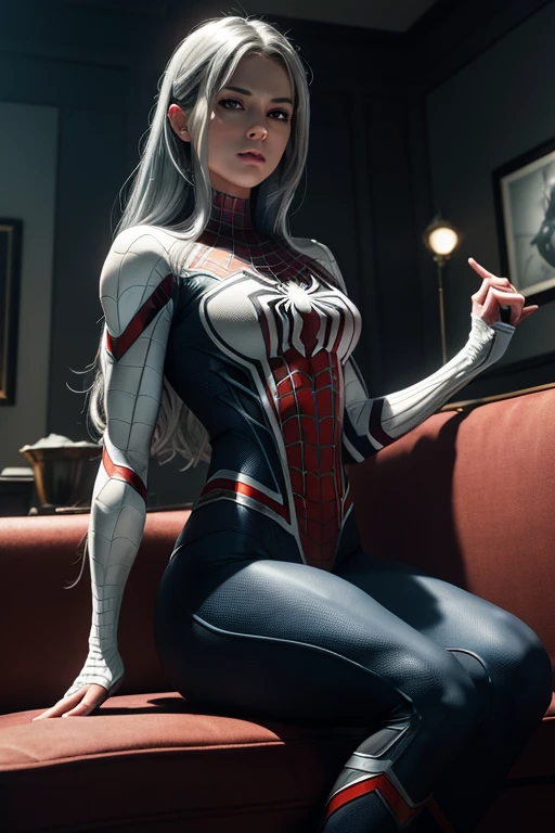 (Extreme detail Paper Texture CG Unity 8K, Artwork of Highest Quality), (Exquisite lighting and shadow, Dramatic and Cinematic Image), a girl in a white Spiderman costume, silver-gray hair, from the Spiderman Parallel Universe, Wolverine, Wonder Woman, Spiderman, perched on an unconventional chair, captivating and dynamic pose), (Excellent Detail, Superior Lighting, Wide Angle), (Amazing Rendering, Sufficiently Striking in its Class), intricately textured Spiderman costumes, complex Spider-webs textures.