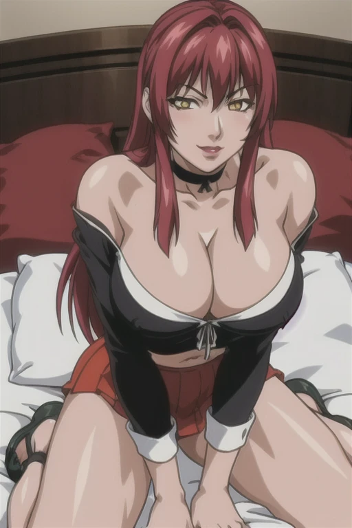 masterpiece, best quality, highres, 1 girls, hirokotakashiro,  micro ruffle skirt, black off shoulder crop top , bedroom, full body shot, (smug:0.3), looking at viewer, focus solo, sexy pose, crossing legs, mature, flip flops, detailed feet, busty, cleavage, redhead, seductive, dangling shoes, red eyeshadow, glossy lips, black choker, long hair, sitting on bed, complete body, seducing, yellow eyes,  kneeling, 