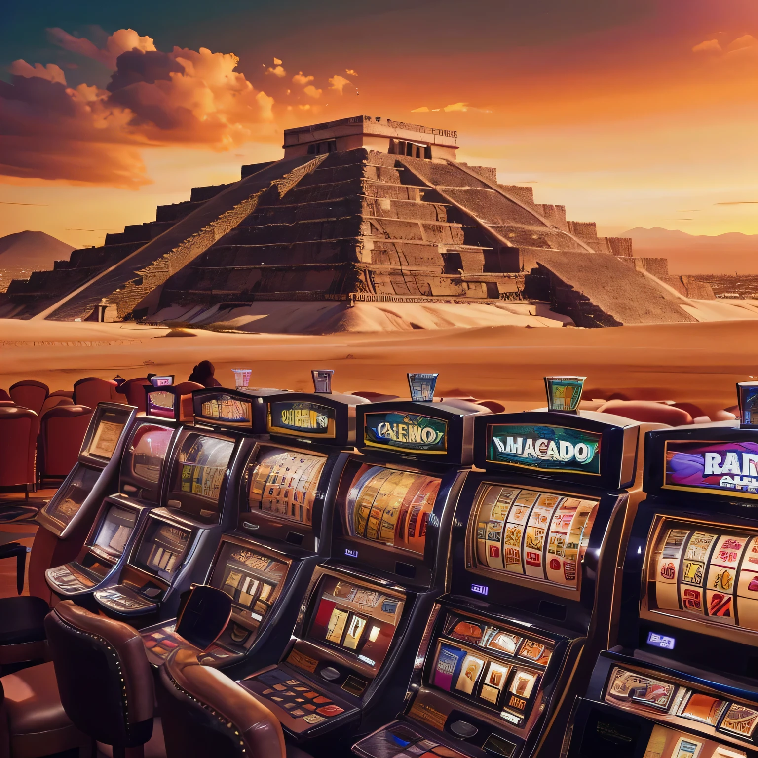 casino slot machines, with players in front and in the background Mexican stepped pyramid, with a small colonial structure on top