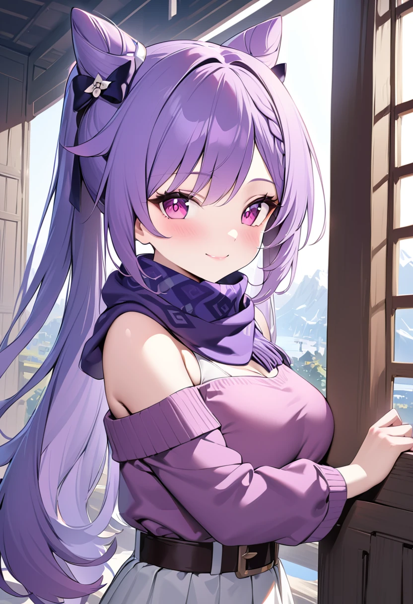 (Realistic style:0.9), masterpiece, best quality, absurd, looking at the audience, Solitary, keqing \(genshin impact\), Hair Bun, skirt, scarf, purple sweater, white skirt, Purple Hair, sweater, Double tail, Purple Eyes, Diamond-shaped pupil, Hair accessories, Bare shoulders, Smile, breast, cone Hair Bun, long hair, belt, twice as good, Long sleeve, Bangs, bow, Flowering, hair bow,Ribbon, hair Ribbon, Weaving, lattice scarf, lattice, Off-shoulder