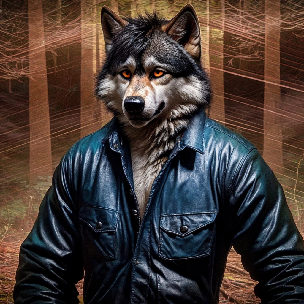 Anthro, male wolf, Black fur, wolf tail, black leather jacket, blue jeans, sad face, (forest background:2), wolf ears fallened against head, solo