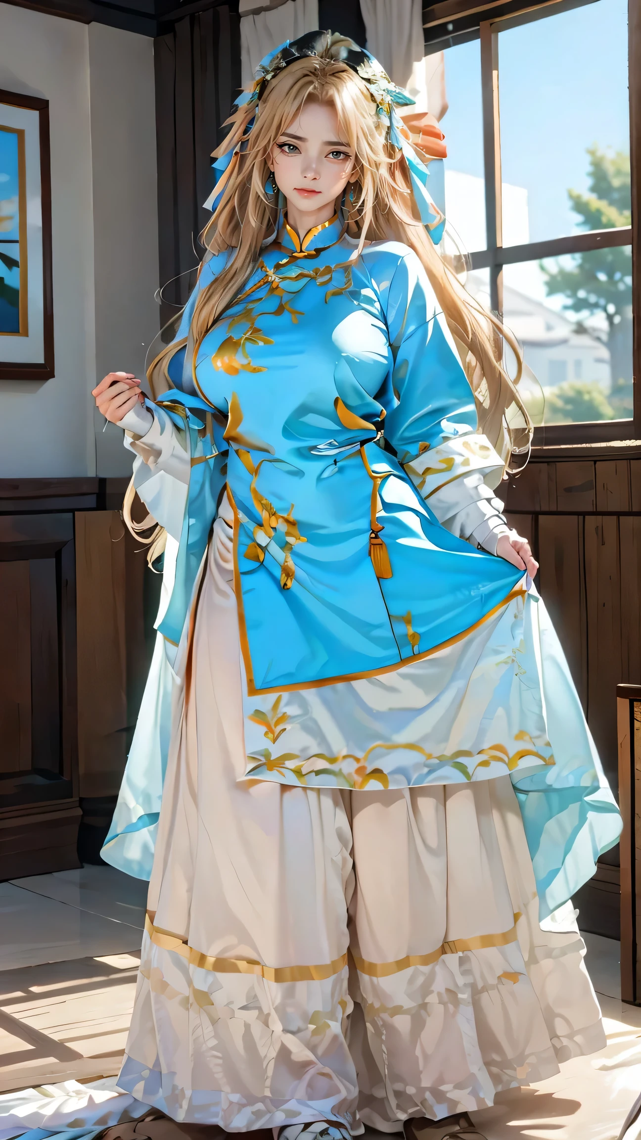 Best quality, masterpiece, ultra high res, raw photo, beautiful and aesthetic, deep shadow, fairy theme,(ultra detailed:1.3),
1girl, standing pose, headdress, (beautiful face, detailed eye:1.2), embarrassed, drill hair, long hair, blonde hair, gradient hair, yellow eyes, solo, (busty breasts, gigantic breasts:1.1), big hair, blue hair, divine goddess, looking at viewer, indoors, modern bedroom, room full of curtain, astraea, full body, chinese clothes,dress,hair ornament,