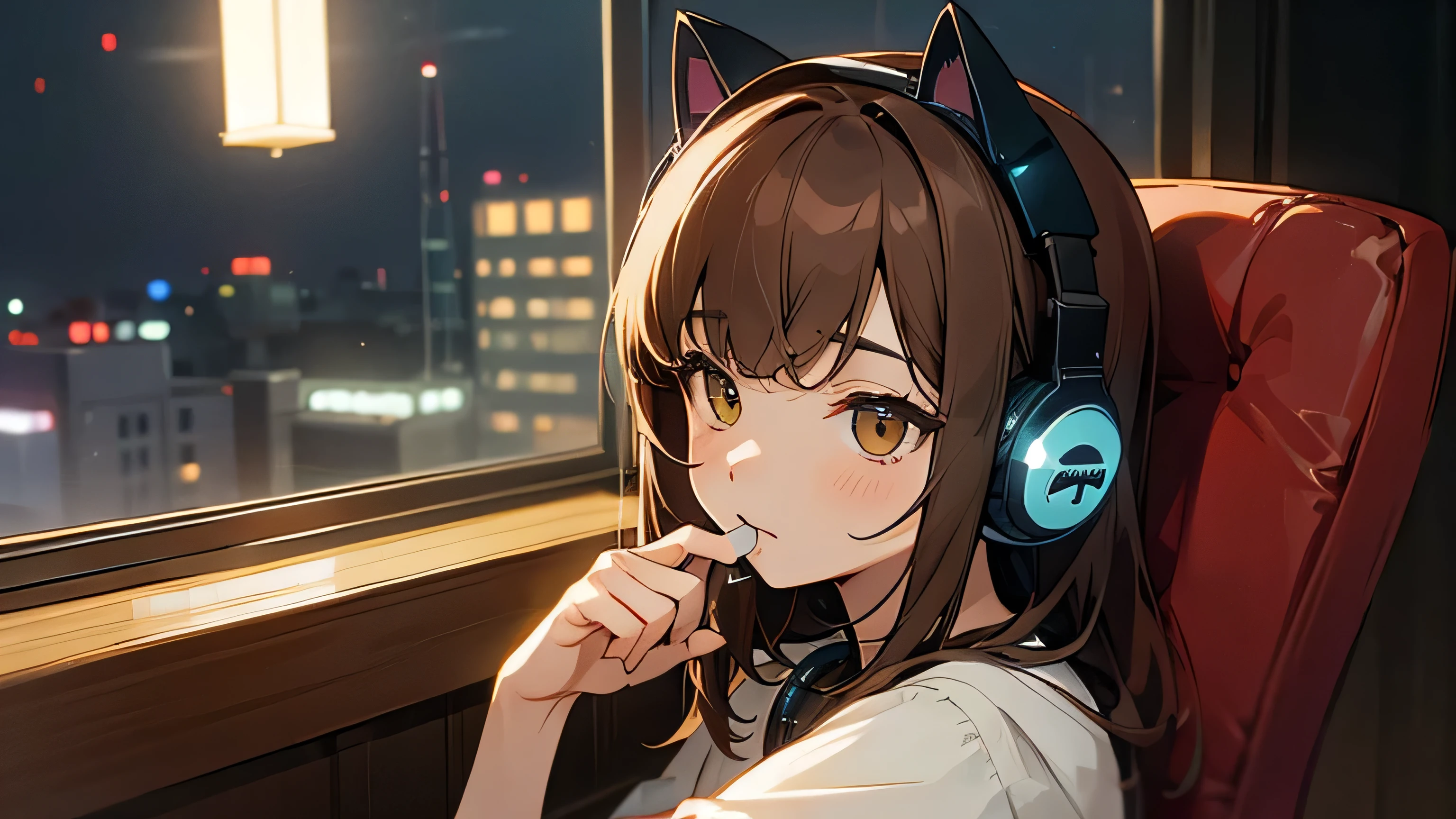 Room with speakers、Cat with headphones、Upper body close-up、night、Brown Hair、Sitting in a chair