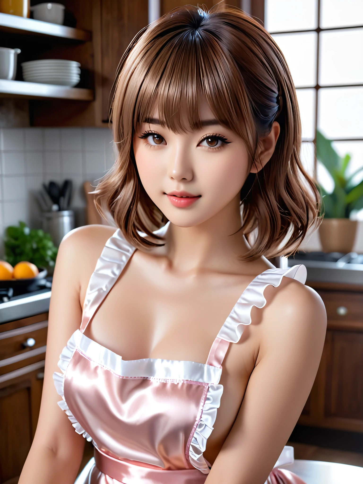 product quality, 1girl, full body shot, front view, a Japanese young pretty girl, shoulder length hair, wearing only a silky satin light pink apron with white frills over her naked body, sitting on a table in a kitchen, glamorous figure, busty, hyper cute face, glossy lips, double eyelids in both eyes, natural makeup, long eyelashes, shiny smooth light brown hair, asymmetrical bangs, fair skin, central image, high resolution, high detail, detailed hairstyle, detailed face, cinematic lighting, octane rendering, vibrant, hyper realistic, perfect limbs, perfect anatomy