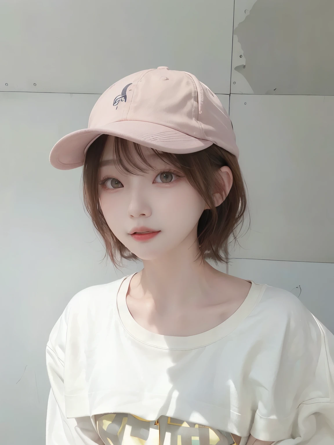 Best image quality、original photo、ultra high resolution、21 years old Korean、small breasts、dynamic angle、Cowboy shooting、The most beautiful form of chaos、elegant、Innovative design、bright colors、,light brown short hair、disheveled hair、light brown eyes 、black baseball cap(Facial expressionSmile)、short bob、Smile、Fair and shiny skin、beautiful eyes，random colors、The details are very beautiful、thin lips、Delicate and beautiful eyes、elongated eyes、Pale pink cheeks、long eyelashes、beautiful double eyelids、eye shadow、he、White Large T-shirt Sweatshirt、baggy pants、Shot from the side、sexy pose、enlarge