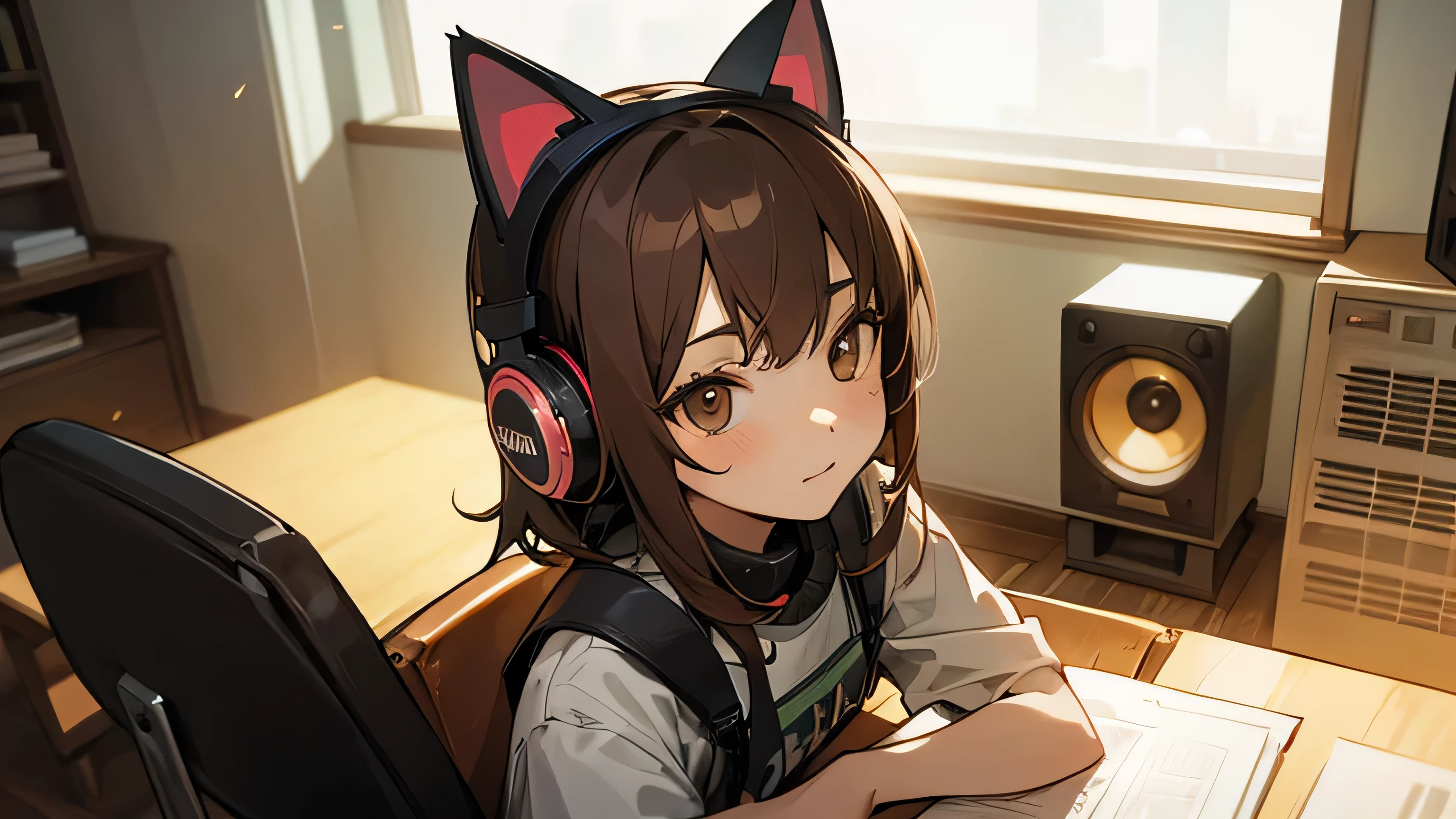Room with speakers、Cat with headphones、Upper body close-up、night、Brown Hair、Sitting in a chair