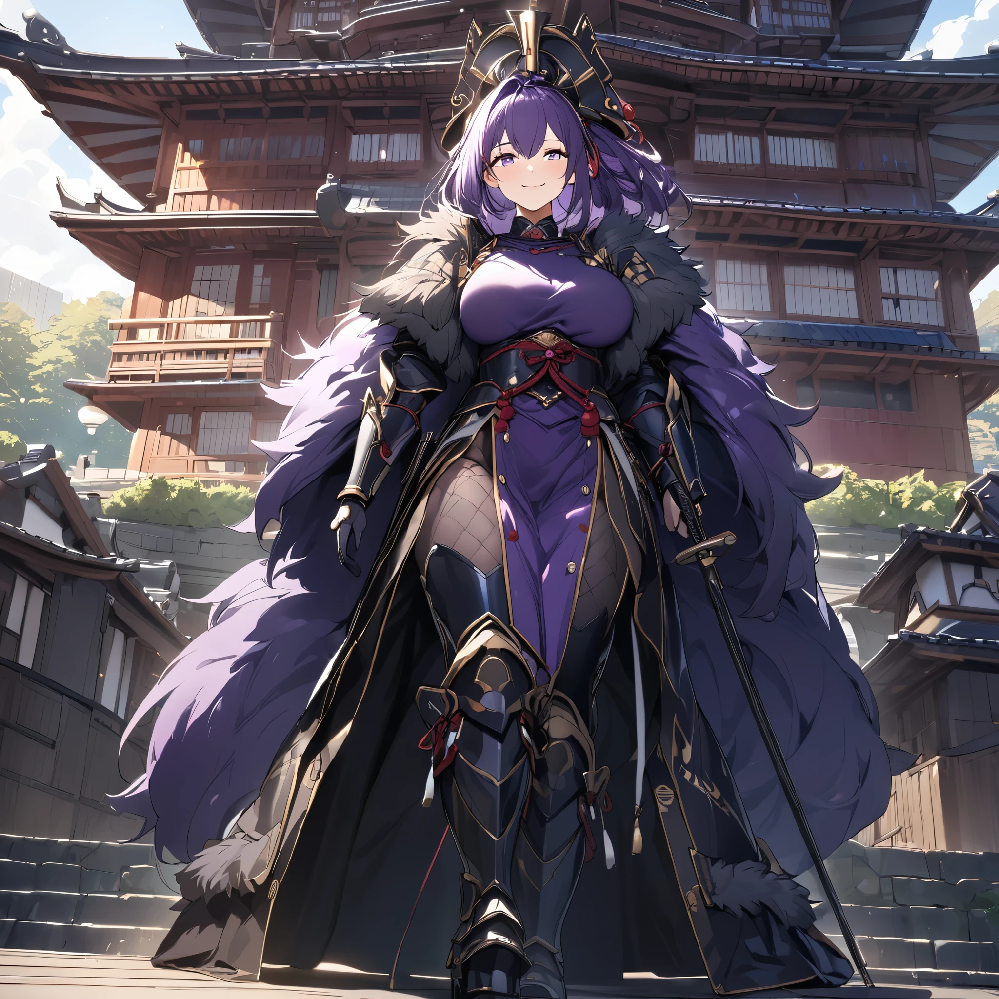 A mature woman wearing dark purple heavy samurai armor, wearing traditional samurai helm, steel bracelet, steel boots, long fur cape, dark purple hair, fringes in hair, close view, purple eyes, large breasts, smiling, holding a sheathed katana, walking on a platform of a traditional Japanese castle, daytime location,UHD , masterpiece, accurate, anatomically correct, textured skin, super detail, high quality, best quality, 8k, high resolution, bokeh effect.
