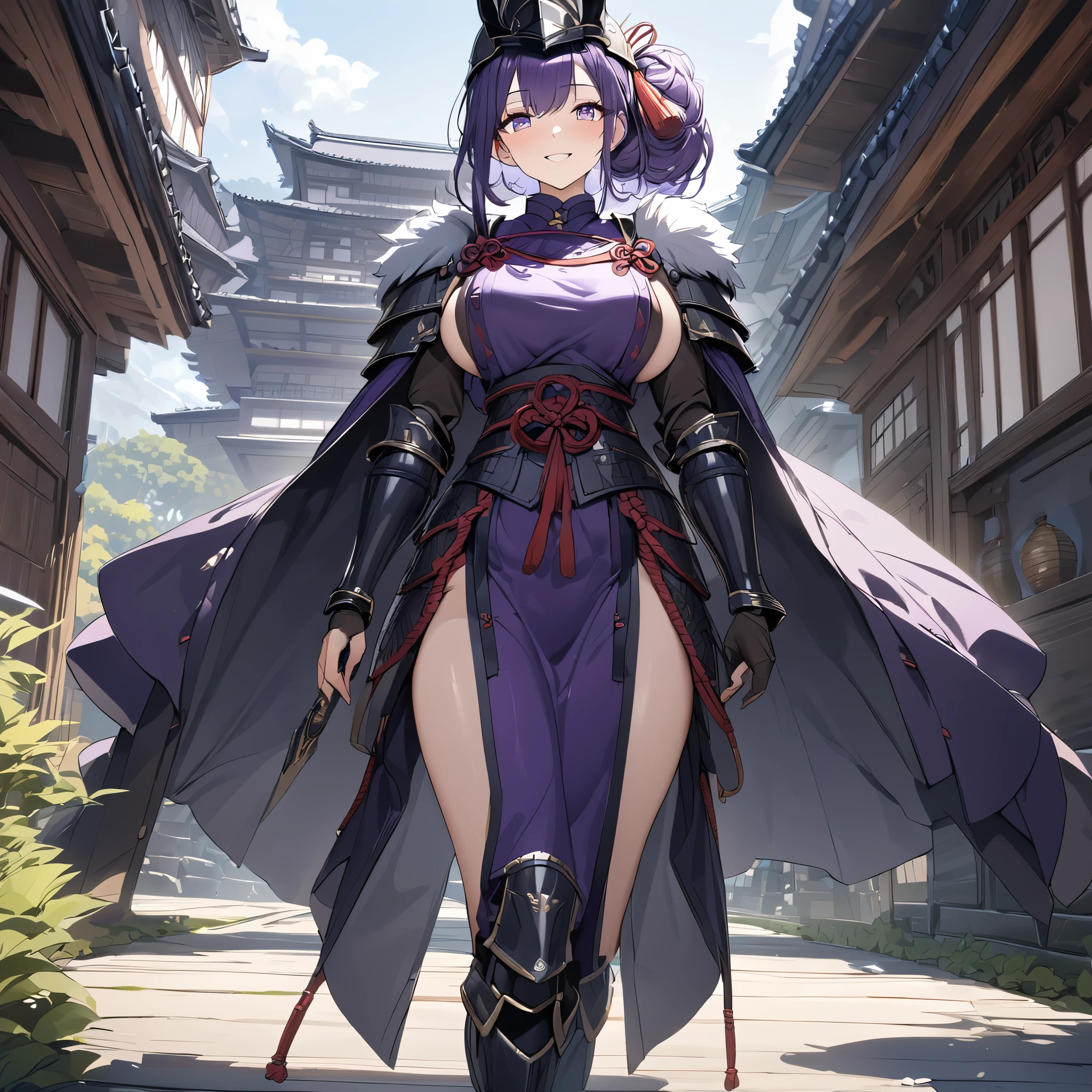 A mature woman wearing dark purple heavy samurai armor, wearing traditional samurai helm, steel bracelet, steel boots, long fur cape, dark purple hair, fringes in hair, close view, purple eyes, large breasts, smiling, holding a sheathed katana, walking on a platform of a traditional Japanese castle, daytime location,UHD , masterpiece, accurate, anatomically correct, textured skin, super detail, high quality, best quality, 8k, high resolution, bokeh effect.
