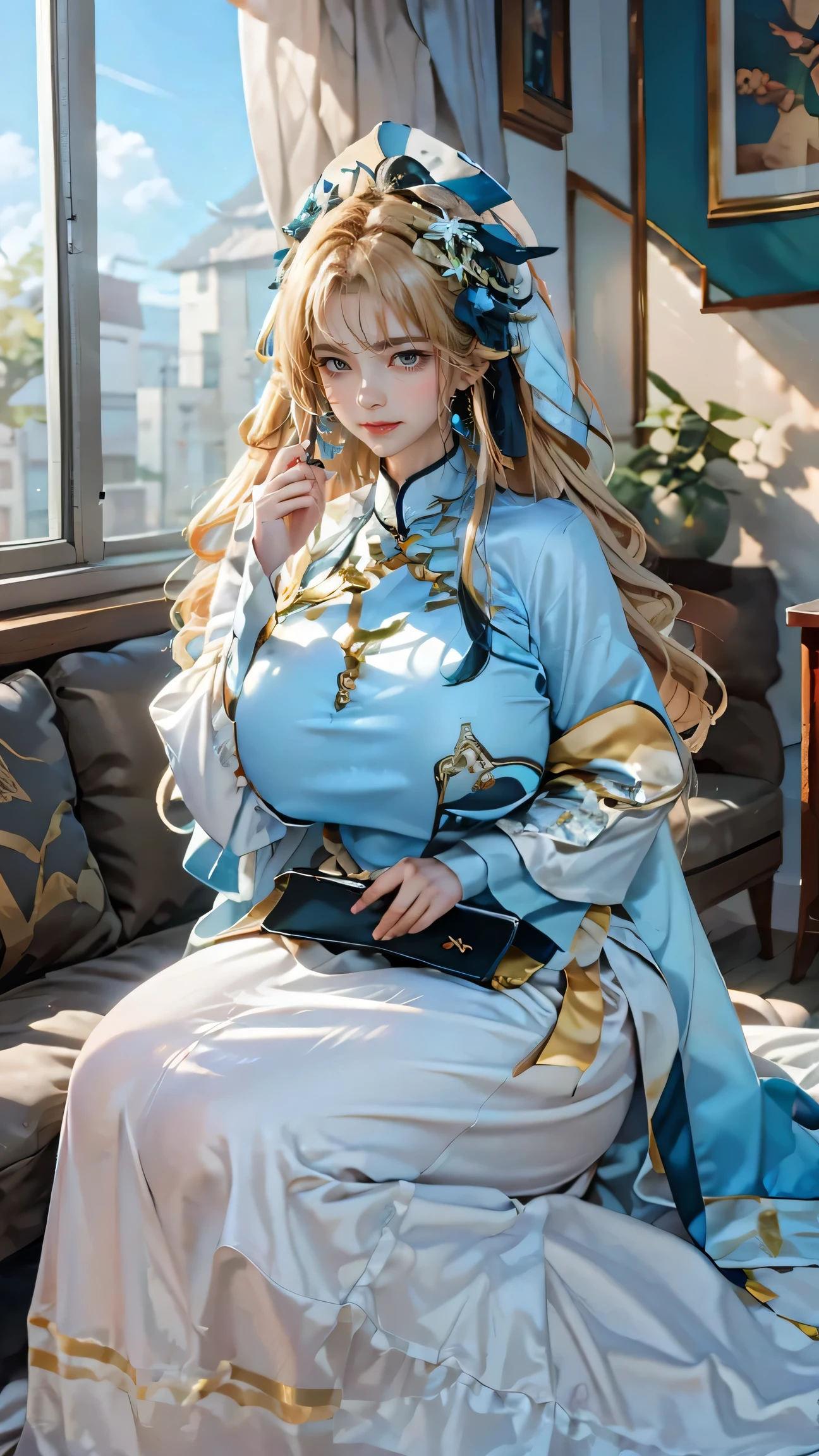 Best quality, masterpiece, ultra high res, raw photo, beautiful and aesthetic, deep shadow, fairy theme,(ultra detailed:1.3),
1girl, sitting pose, headdress, (beautiful face, detailed eye:1.2), embarrassed, drill hair, long hair, blonde hair, gradient hair, yellow eyes, solo, (busty breasts, gigantic breasts:1.1), big hair, blue hair, divine goddess, looking at viewer, indoors, modern bedroom, room full of curtain, astraea, full body, chinese clothes,dress,hair ornament,
