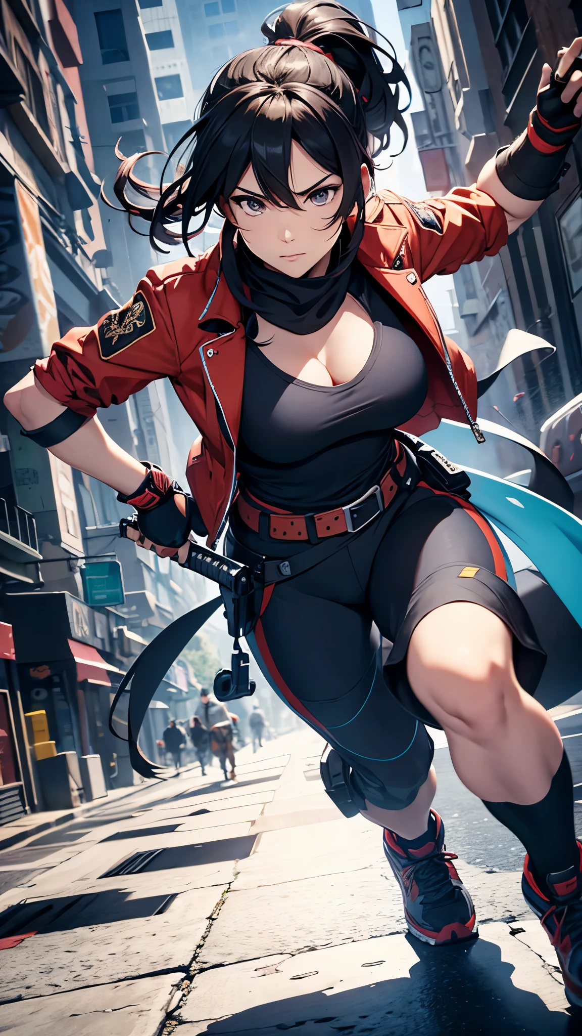 a woman with a brown ponytail hair,ninja,wearing a maxi length jersey jacket and jersey pants,sneaker,holding a katana and a long sword, running outside the buildings, (best quality,4k,8k,highres,masterpiece:1.2),ultra-detailed,(realistic,photorealistic,photo-realistic:1.37),cinematic lighting,dramatic composition,highly detailed facial features,cinematic pose,dynamic action scene,vibrant colors,intricate details