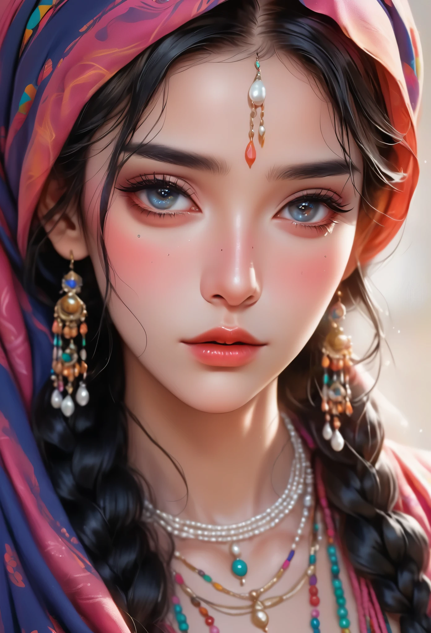 a beautiful young woman with flowing black hair, colorful braids, glossy hair, wearing a headscarf, a flowing shawl covering her face, ethnic minority features, delicate skin, beautiful facial features, intricate eye makeup, deep eyeshadow, light freckles, pearl necklace, shoulders, arms, ethnic minority clothing, flat design, digital illustration, minimalist, clean, fluid, (best quality,4k,8k,highres,masterpiece:1.2),ultra-detailed,(realistic,photorealistic,photo-realistic:1.37),portrait,vivid colors,soft lighting