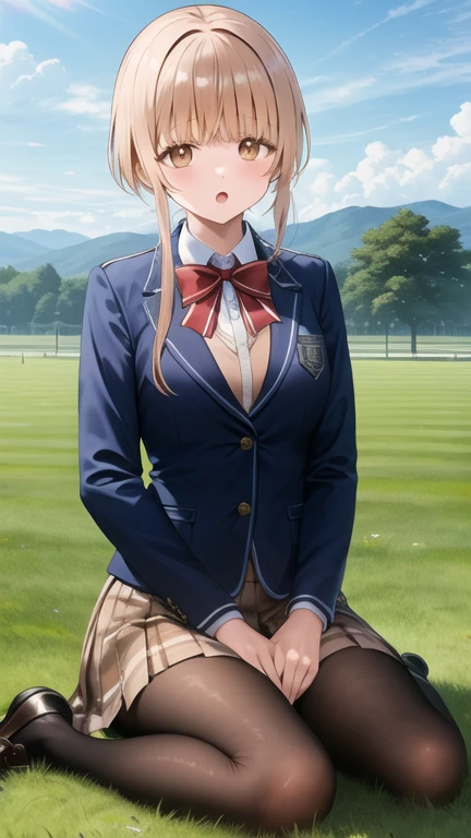 masterpiece, best quality, highres, Shiina Mahiru, long hair, red bowtie, blue jacket, blazer, long sleeves, plaid skirt, brown skirt, pantyhose, wariza, :o, field