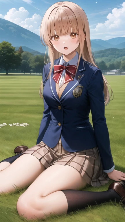 masterpiece, best quality, highres, Shiina Mahiru, long hair, red bowtie, blue jacket, blazer, long sleeves, plaid skirt, brown skirt, pantyhose, wariza, :o, field