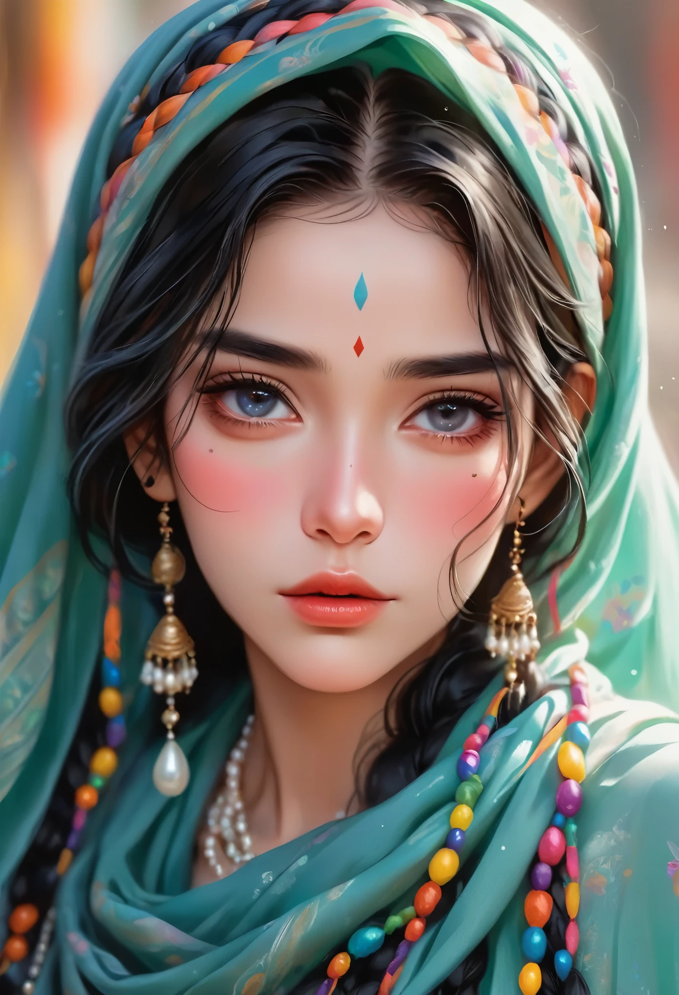 a beautiful young woman with flowing black hair, colorful braids, glossy hair, wearing a headscarf, a flowing shawl covering her face, ethnic minority features, delicate skin, beautiful facial features, intricate eye makeup, deep eyeshadow, light freckles, pearl necklace, shoulders, arms, ethnic minority clothing, flat design, digital illustration, minimalist, clean, fluid, (best quality,4k,8k,highres,masterpiece:1.2),ultra-detailed,(realistic,photorealistic,photo-realistic:1.37),portrait,vivid colors,soft lighting