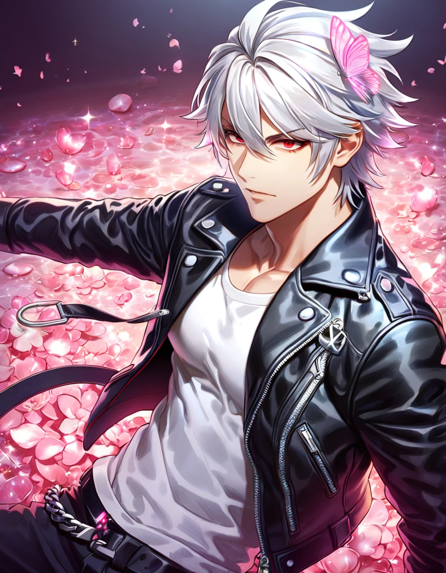 absurdres, highres, ultra detailed, HDR, master piece, best quality, Aohitsugi Samatoki, white hair, expressive red eyes, hypnosis mic, solo, sexy man, handsome, black leather jacket, white shirt, magical, fantasy, shining, water, pink flowers, pink blossoms, pink butterflies, pink petals