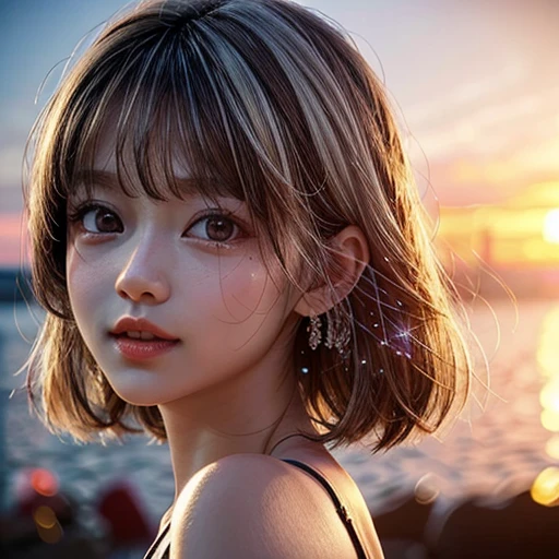 18yo girl in red tube-top dress, Stroll along evening Beach, (Acutance:0.85), Masterpiece of 8K Ultra-detailed, (VolumetricLighting), SmoothShading, (RAW Photo-realistic:1.37), (Close-up:1.4), (Gazing at the sunseting colorful sky) (Dazzling bokeh:1.28), { (Golden ray illuminating face) | (Vivid Photon Particles) | (Gust of wind) } . (((Extremely detailed a face variation of NOGIZAKA girls))), perfect anatomy, Childish, captivating gaze, elaborate detailed Eyes with (sparkling highlights:1.28), long eyelashes、Glossy RED Lips with beautiful details, Coquettish tongue, Rosy cheeks, (Detailed Flawless Skin, Radiant PearlSkin with clear transparency) , Shiny SilkyHair, Random Monotone HairColor. { (Dynamic joyful expressions) | (:d) }, (no Large eyes, no tree).