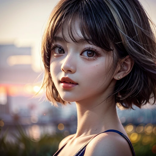 18yo girl in red tube-top dress, Stroll along evening Beach, (Acutance:0.85), Masterpiece of 8K Ultra-detailed, (VolumetricLighting), SmoothShading, (RAW Photo-realistic:1.37), (Close-up:1.4), (Gazing at the sunseting colorful sky) (Dazzling bokeh:1.28), { (Golden ray illuminating face) | (Vivid Photon Particles) | (Gust of wind) } . (((Extremely detailed a face variation of NOGIZAKA girls))), perfect anatomy, Childish, captivating gaze, elaborate detailed Eyes with (sparkling highlights:1.28), long eyelashes、Glossy RED Lips with beautiful details, Coquettish tongue, Rosy cheeks, (Detailed Flawless Skin, Radiant PearlSkin with clear transparency) , Shiny SilkyHair, Random Monotone HairColor. { (Dynamic joyful expressions) | (:d) }, (no Large eyes, no tree).
