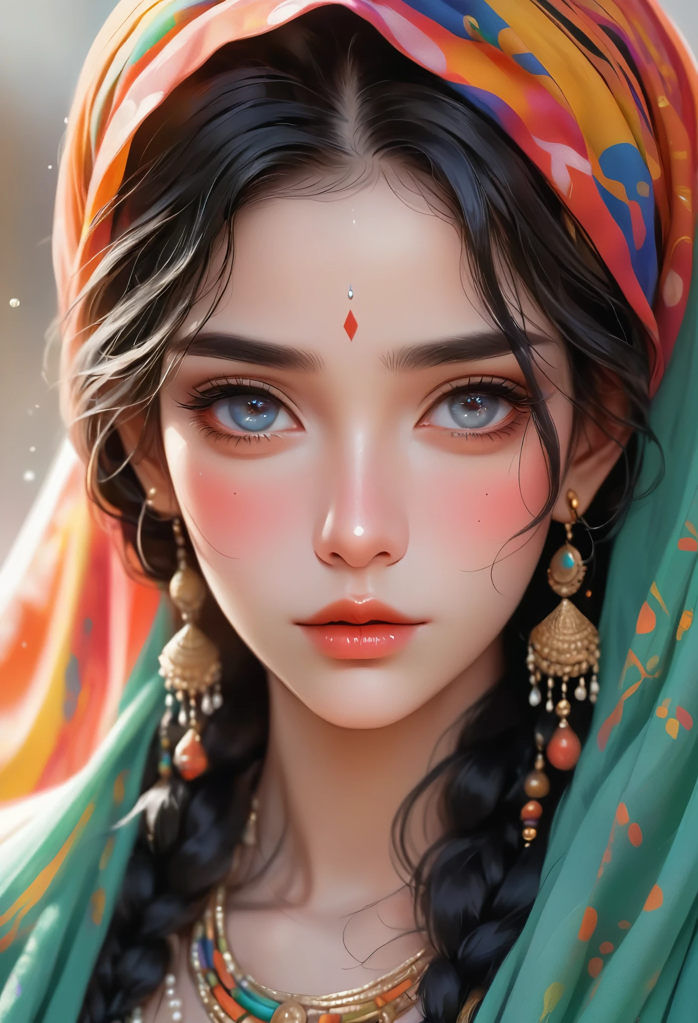 a beautiful young woman with flowing black hair, colorful braids, glossy hair, wearing a headscarf, a flowing shawl covering her face, ethnic minority features, delicate skin, beautiful facial features, intricate eye makeup, deep eyeshadow, light freckles, pearl necklace, shoulders, arms, ethnic minority clothing, flat design, digital illustration, minimalist, clean, fluid, (best quality,4k,8k,highres,masterpiece:1.2),ultra-detailed,(realistic,photorealistic,photo-realistic:1.37),portrait,vivid colors,soft lighting
