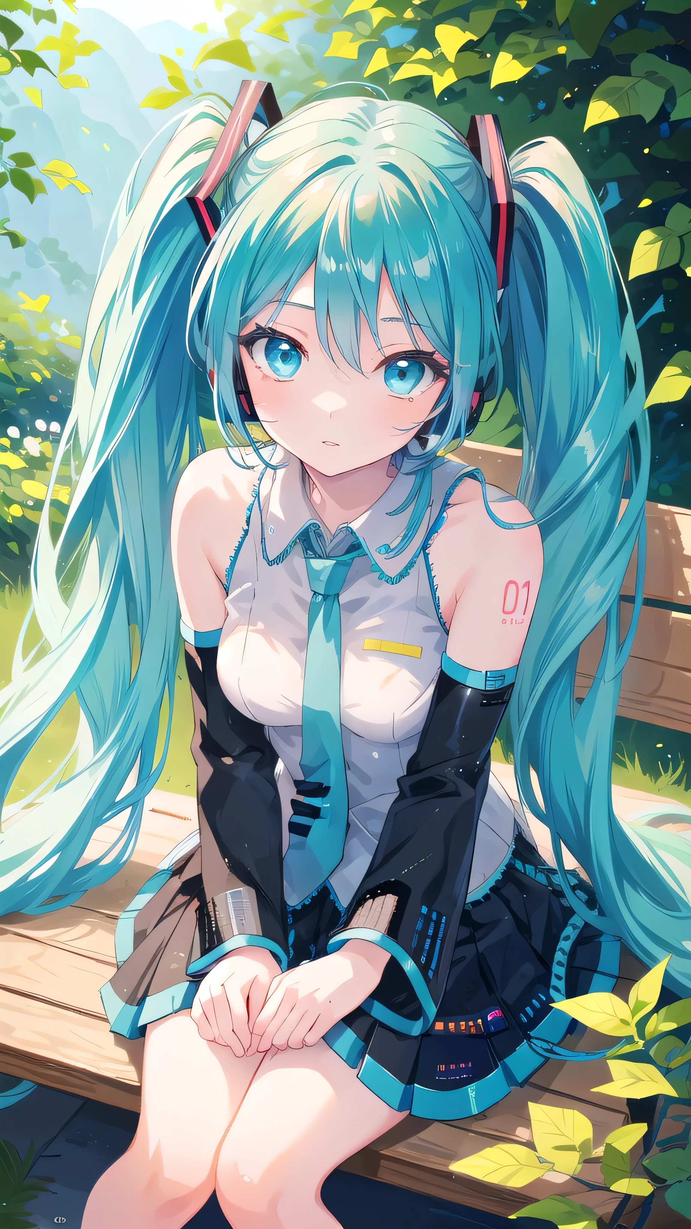 Hatsune Miku, sitting on a bench outside, sunlight, detailed portrait, highly detailed, 8k, photorealistic, beautiful detailed eyes, beautiful detailed lips, extremely detailed face, long eyelashes, intricate hair strands, soft lighting, natural setting, vibrant colors, serene expression, elegant pose, delicate features, beautiful scenery, lush greenery, detailed environment