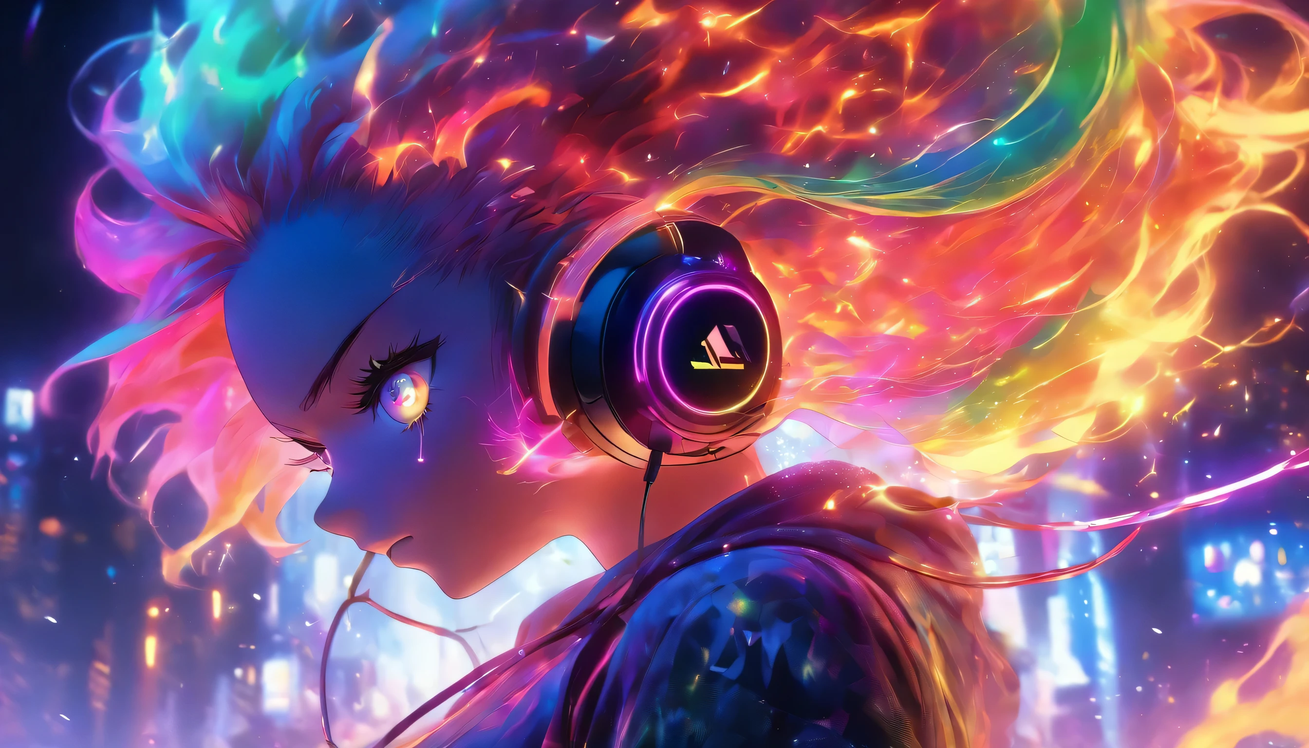 Transparent color PVC clothing, Clear Vinyl Mechanic Hoodie, Prismatic, Holographic, chromatic aberration, Fashion Illustration, masterpiece, DJ,, 8k, Super detailed, Pixiv、(((profile)))、((Colorful Hair))、(((Wearing futuristic headphones)))、、(((Rainbow Hair)))、((Too big boobs))、(((In flames)))、((Colorful eyes))、(((Many glowing sparks))、(((Colorful and mysterious flames)))、Engulfed in flames