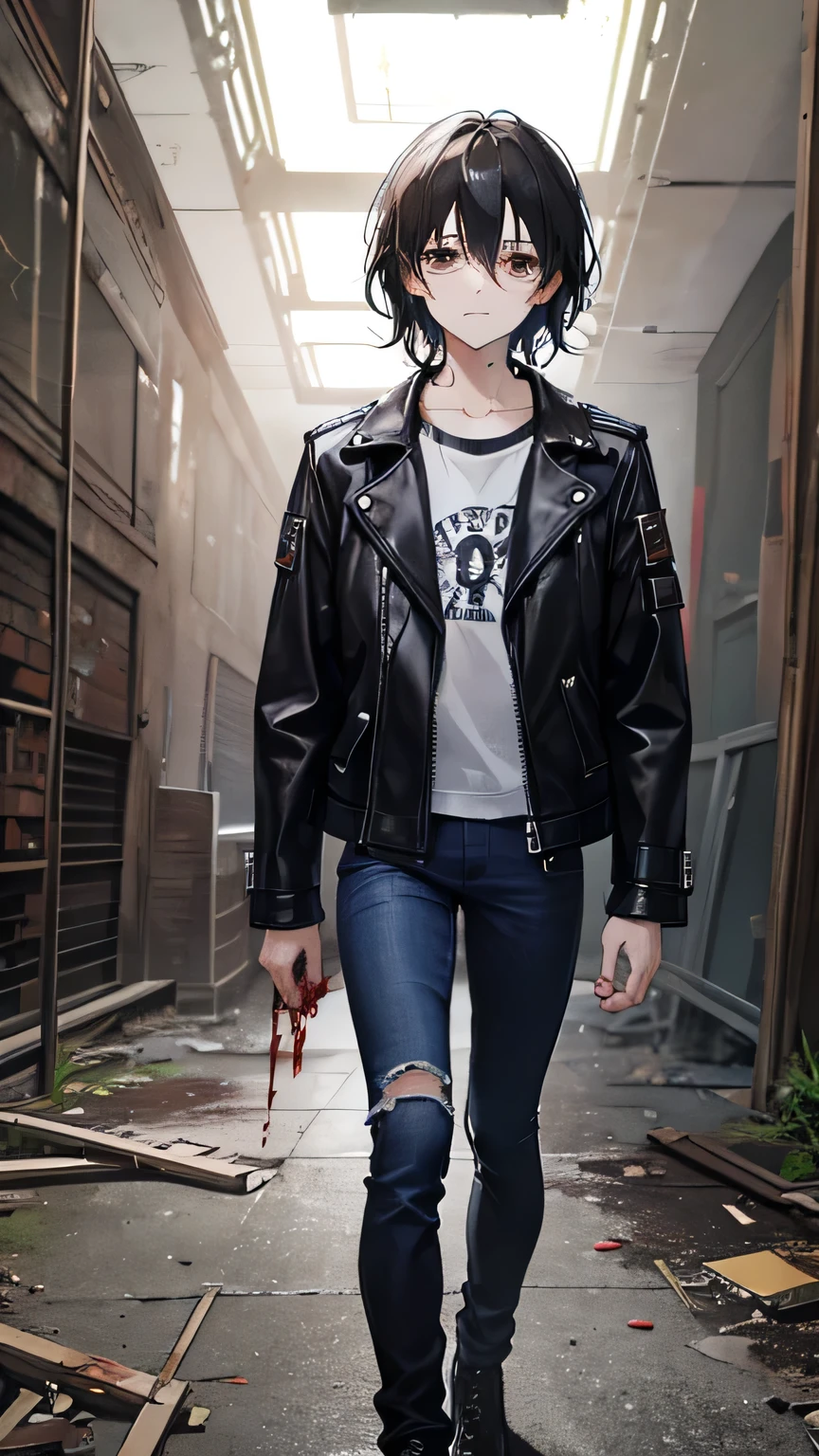 young ager, disheveled black hair, brown eyes, inside an abandoned church, in the background an old cross, he is wearing a black leather jacket, blue jeans, his clothes have blood stains. He is scared.