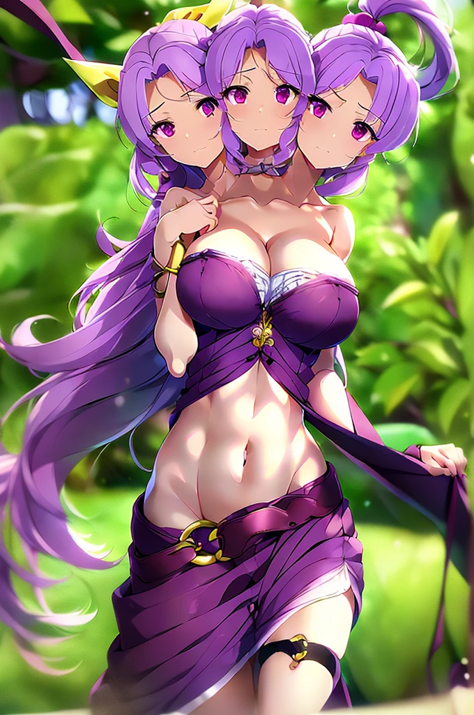 (masterpiece, best quality), best quality, (ultra-detailed), (3heads:1.5), 1girl, (watatsuki no yorihime:1.3), masterpiece, best quality, ultra quality, ultra resolution, ultra detail, dark red top, small crop top, ((stomach)), midriff, ((groin)), open midriff, dark red skirt, miniskirt, normal ears, shackles, light purple hair, tied into a ponytail, very long hair, wavy hair, sidelocks, purple eyes, parted lips, sweat, cute, open belly, toned belly, hand on own chest, eyelashes, (24 year old woman:1.3), (masterpiece:1.5), (best quality:1.5), (beautiful detailed), extremely detailed CG, extremely delicate and beautiful, depth of field, (finely detailed face), (perfect details:1.2), ( female:1.3), wide pelvis, slender, large veiny breastresolution, highres, very high quality, very high definition, extremely detailed, masterpiece, light purple hair, long hair, alluring presence, braid, short skirt, close up, big tits, yote bonnet, red bow, open belly, midriff, nsfw,