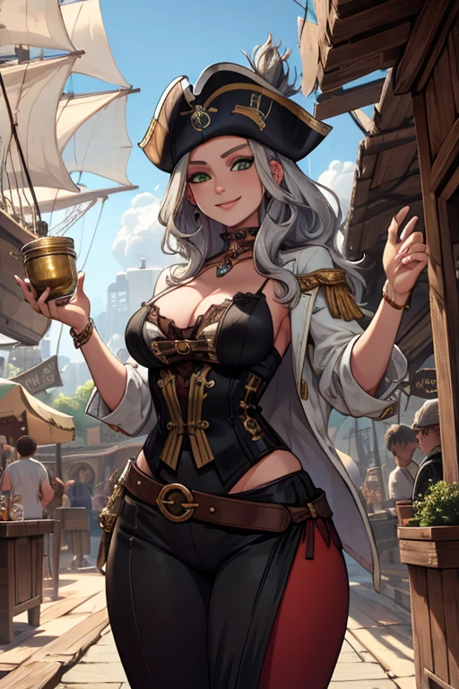 A young silver haired woman with green eyes with an hourglass figure in a pirate outfit is smiling in the market of a pirate city