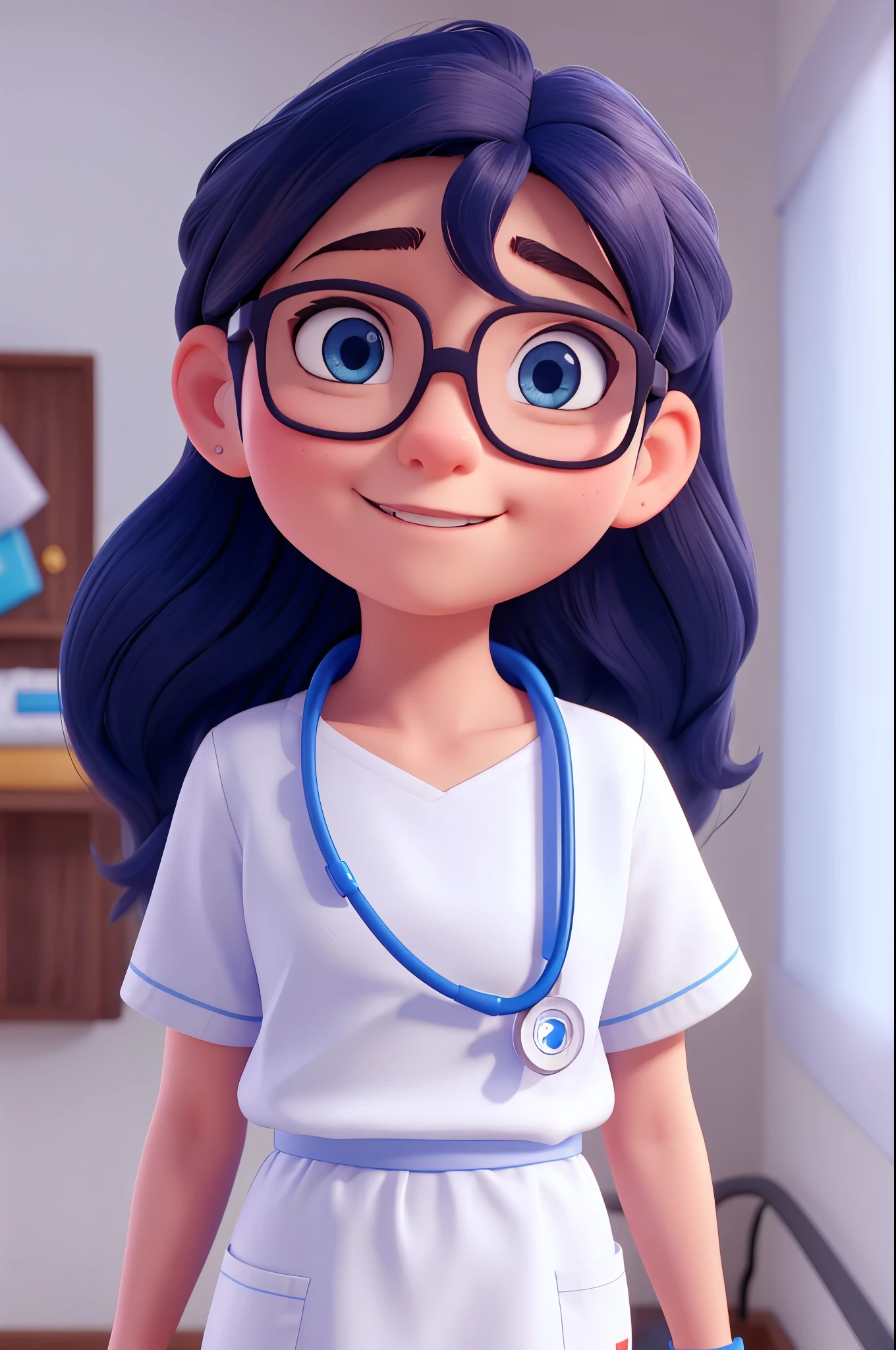 girl, , nurse, happy, indigenous, with long dark hair, with glasses, white clothes with blue, 8k realistic pixar style