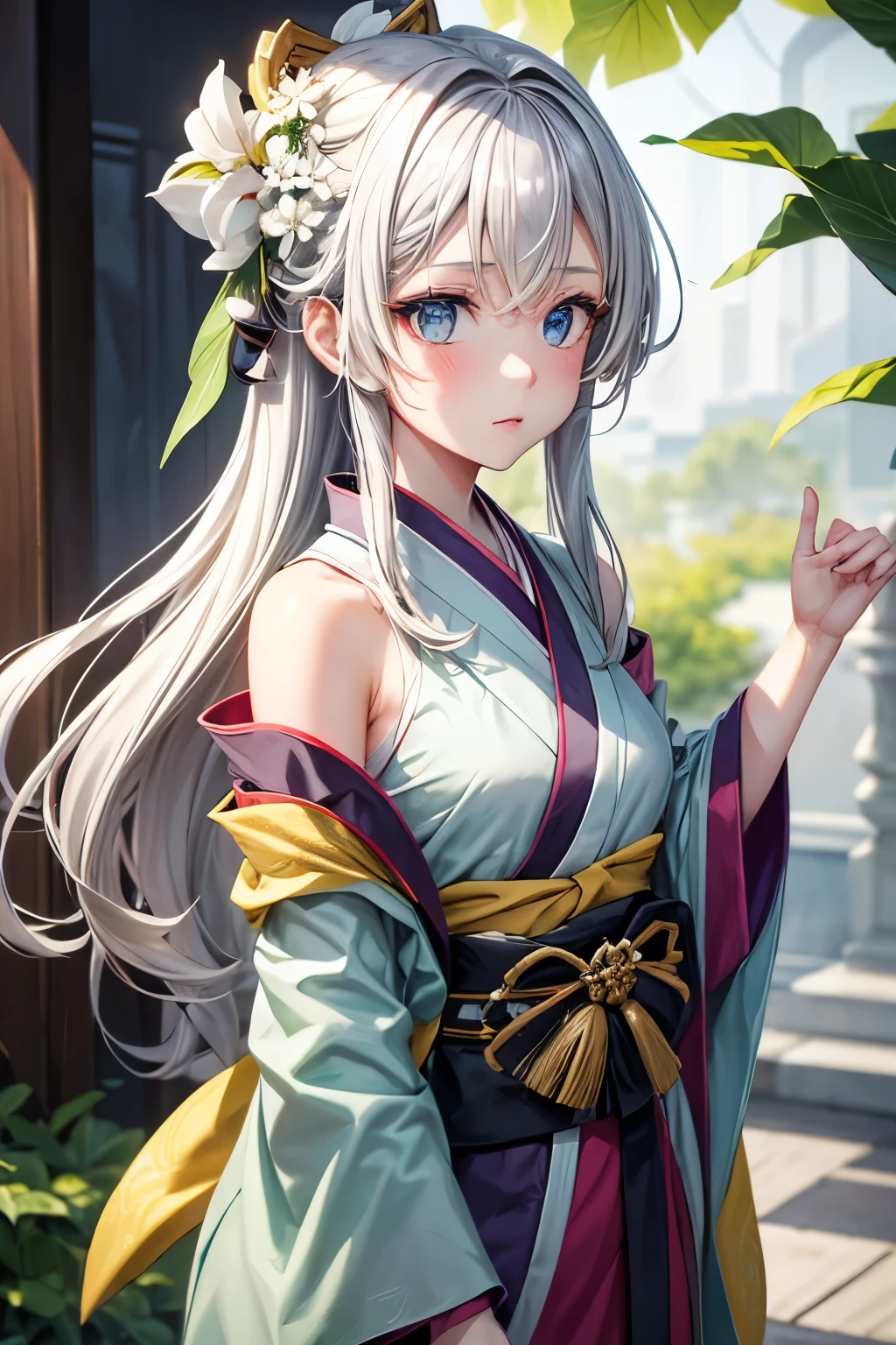 A girl with long loose pale gray hair, ojos verdes y un kimono de color blanco con flores rojas y verdes en la tela