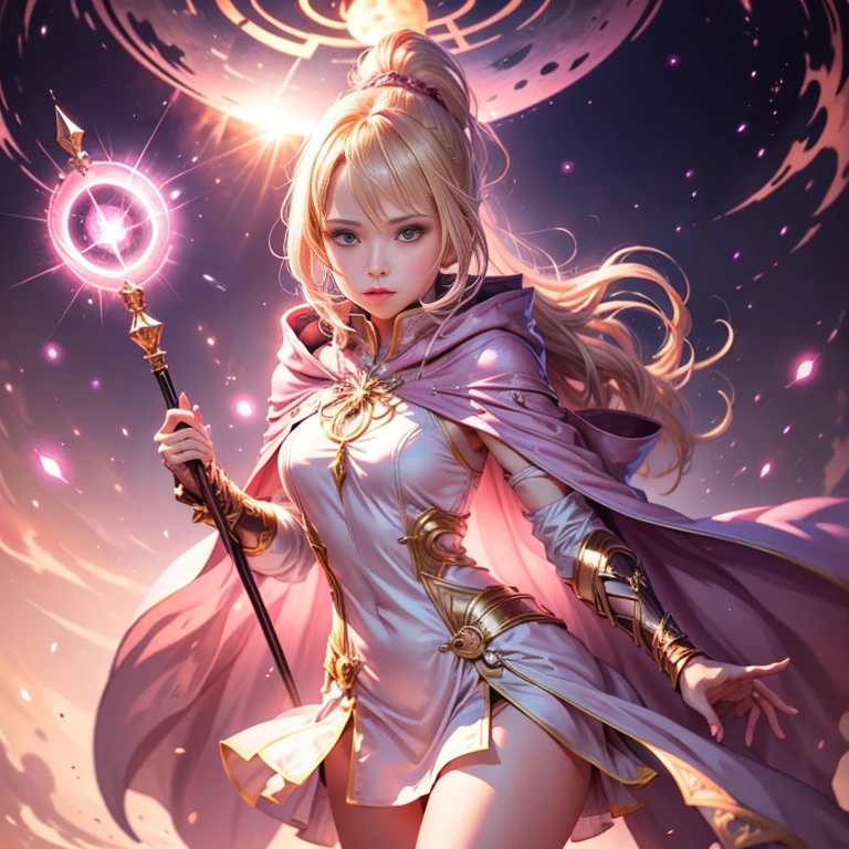 Blond ponytail hair fantasy woman wearing a futuristic light pink mini dress with elaborated ornaments, pink pointed hooded tunic no helmet, pink short cloak, pink short mini skirt, holding a short staff, eclipse, magic conjuring circle behind. dynamic pose