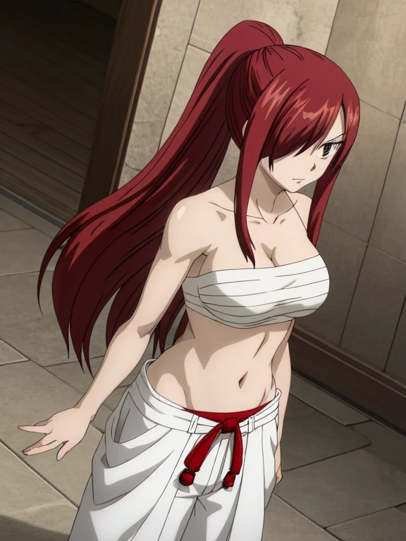 masterpiece, best quality, highres, anime style, anime official art,fairy tail, 1girl, long hair, red hair, ponytail, white ribbon, hair over one eye, brown eyes, large breasts, collarbone, chest sarashi, bandage, bare arms, midriff, red hakama, red pants, cowboy shot, indoors, standing,