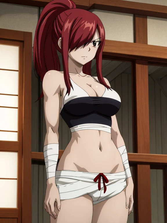 masterpiece, best quality, highres, anime style, anime official art,fairy tail, 1girl, long hair, red hair, ponytail, white ribbon, hair over one eye, brown eyes, large breasts, collarbone, chest sarashi, bandage, bare arms, midriff, red hakama, red pants, cowboy shot, indoors, standing,