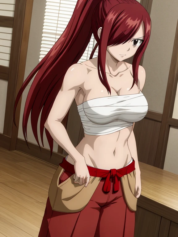 masterpiece, best quality, highres, anime style, anime official art,fairy tail, 1girl, long hair, red hair, ponytail, white ribbon, hair over one eye, brown eyes, large breasts, collarbone, chest sarashi, bandage, bare arms, midriff, red hakama, red pants, cowboy shot, indoors, standing,