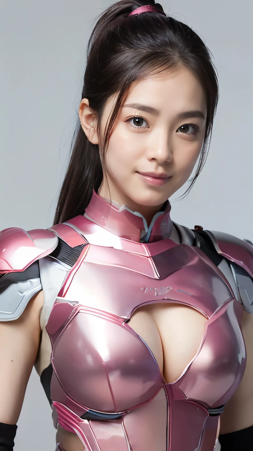 （super highest quality、In 8K、Masseter muscle area、Delicate illustrations、Upper Body:1.5）,Wearing dark pink and white metallic hero armor:1.5、A beautiful and attractive 25-year-old Japanese woman、Plump body、Big Breasts:1.5,Black hair ponytail、smile、What&#39;s left behind、Rear View、looked back、Laughter