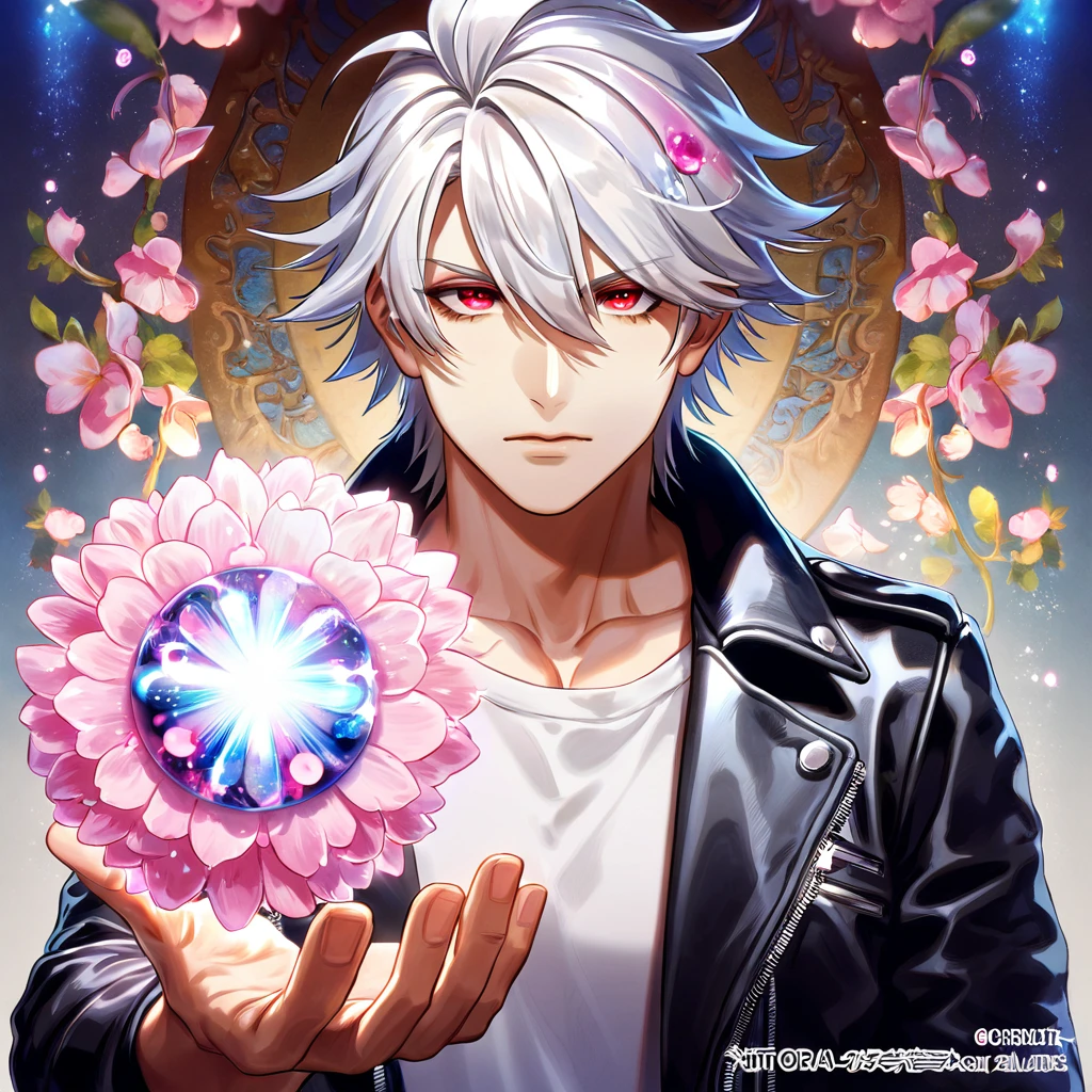 absurdres, highres, ultra detailed, HDR, master piece, best quality, Aohitsugi Samatoki, white hair, expressive red eyes, hypnosis mic, solo, sexy man, handsome, black leather jacket, white shirt, magical, fantasy, shining, water, pink flowers, pink blossoms, pink butterflies, pink petals