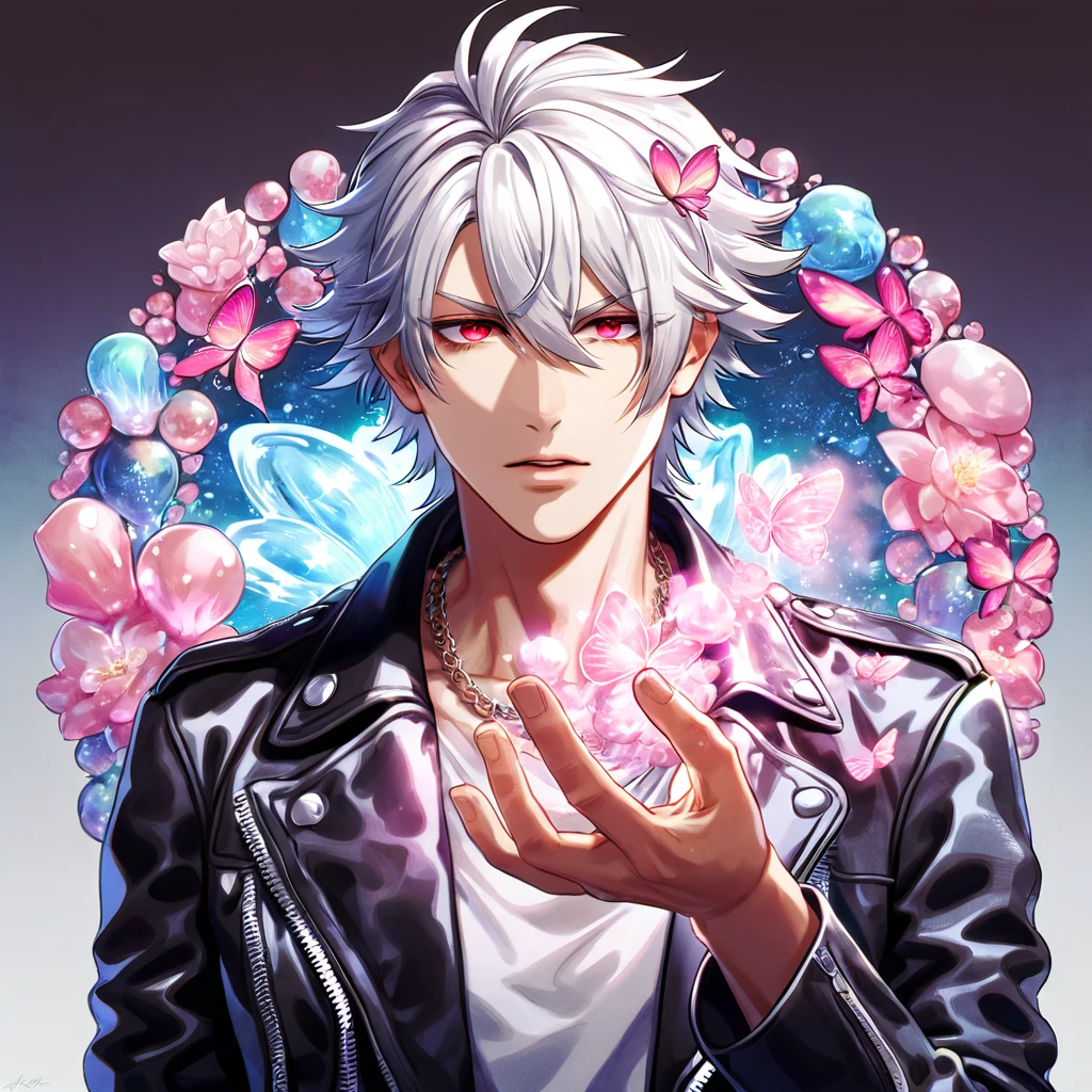 absurdres, highres, ultra detailed, HDR, master piece, best quality, Aohitsugi Samatoki, white hair, expressive red eyes, hypnosis mic, solo, sexy man, handsome, black leather jacket, white shirt, magical, fantasy, shining, water, pink flowers, pink blossoms, pink butterflies, pink petals