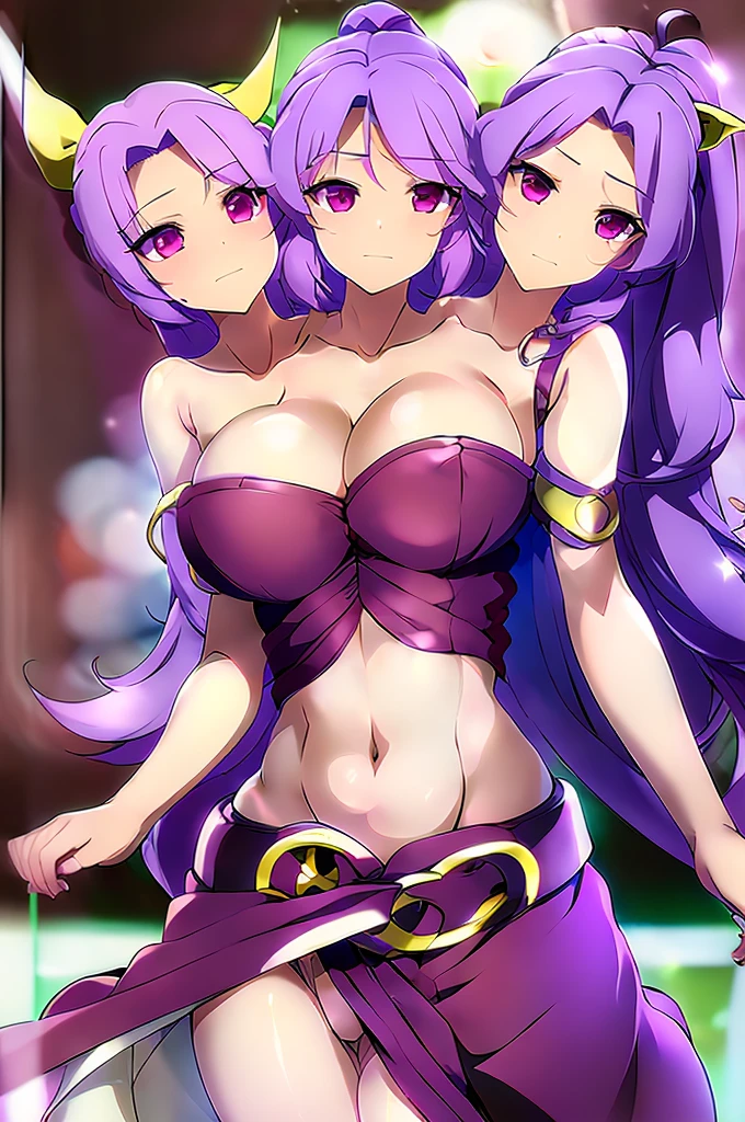 (masterpiece, best quality), best quality, (ultra-detailed), (3heads:1.5), 1girl, (watatsuki no yorihime:1.3), masterpiece, best quality, ultra quality, ultra resolution, ultra detail, dark red top, small crop top, ((stomach)), midriff, ((groin)), open midriff, dark red skirt, miniskirt, normal ears, shackles, light purple hair, tied into a ponytail, very long hair, wavy hair, sidelocks, purple eyes, parted lips, sweat, cute, open belly, toned belly, hand on own chest, eyelashes, (24 year old woman:1.3), (masterpiece:1.5), (best quality:1.5), (beautiful detailed), extremely detailed CG, extremely delicate and beautiful, depth of field, (finely detailed face), (perfect details:1.2), (mature female:1.3), wide pelvis, slender, large veiny breast, 16k resolution, highres, very high quality, very high definition, extremely detailed, masterpiece, light purple hair, long hair, alluring presence, braid, short skirt, close up, big tits, young, white bonnet, red bow, open belly, midriff, nsfw,