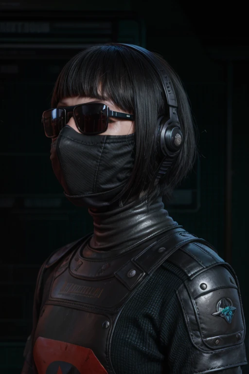 ((Masked girl)) obra maestra,La mejor calidad en el mejor de los casos.,A high resolution,8K,(retrato),(primer plano de avatar),(RAW Photographer),real photography,(Clothing that combines vintage style with sci-fi style.),digital photography,chica adolescente,18 year old girl,pelo corto y detallado,Con flequillo largo,hermoso cabello blanco,ojos verdes,intrincado,Elegante y encantador,El contenido es muy detallado.,High-tech glasses,Accesorios sencillos,metal armor,faja negra,Clothing that combines technology and old style,Hollow armor design,uniformes de combate,hombreras,personaje ciber punk,soldados,pose de foto,majestuoso,textura metalica,oc render reflection texture,Fondo de calle gris
