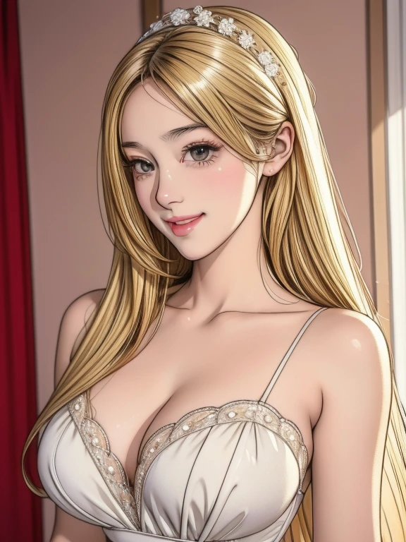 A beautiful 18 year old girl, large eyes, big breasts, and slender figure, 8k, best quality, (extremely detailed head:1.0), (extremely detailed face:1.0), (extremely detailed hair:1.0), maid outfit, very detailed official artwork, anime moe art style, beautiful and detailed anime art, smiling, blonde hair, smooth long hair