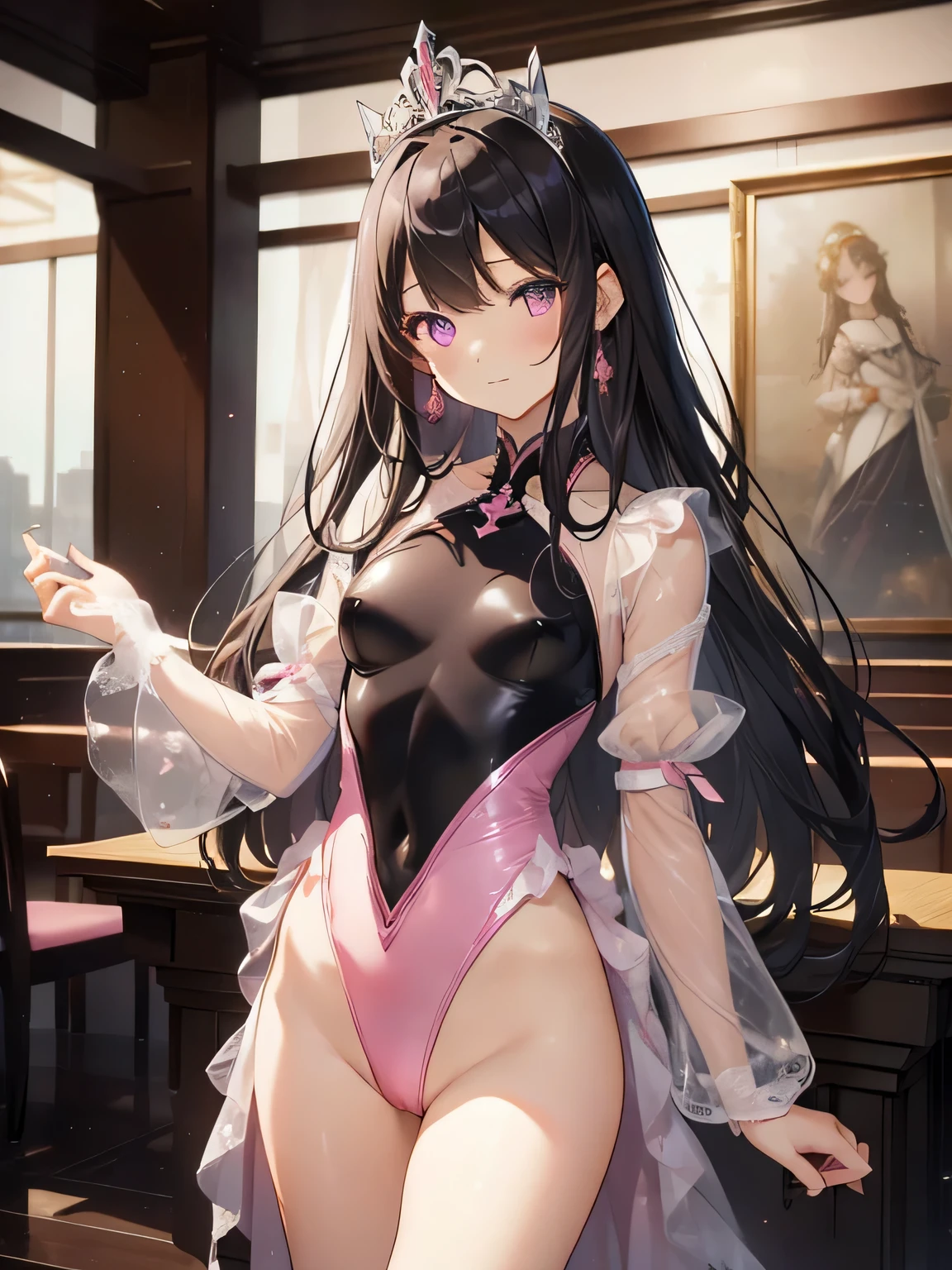 highest quality、Very delicate and beautiful、Very delicate and beautiful、(Beautiful eyes)、Pink Eyes、I、I、、 、Japanese、、Chiquita、(armor)、(Black Hair)、((Pink leotard))、(High leg)、Tiara on head、Laughter、standing、Look forward、((The background is the club room.))