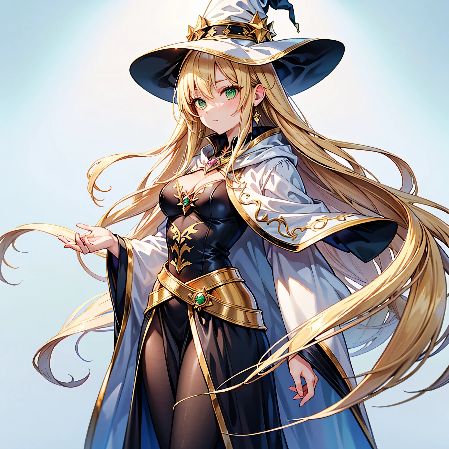 Anime art style,highest quality,High resolution,Anatomically correct,One Woman,Mid twenties,Blonde,Beautiful ironed hair,Super long hair,Green Eyes,Shiny skin,Super detailed,Fantasy World,witch,White hat with gold trim,White cloak with gold trim,A black dress,Wizard's wand,Medium sized breasts,The red flame is burning intensely,A magical aura surrounds the body.,Intense flames swirl,Serious expression,Open your mouth,Eyes drawn in detail,8K