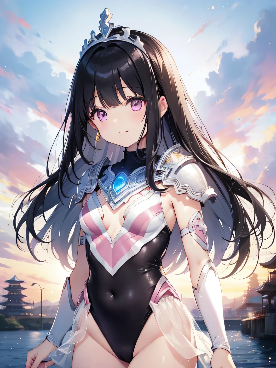 highest quality、Very delicate and beautiful、Very delicate and beautiful、(Beautiful eyes)、Pink Eyes、I、I、、 、Japanese、、Chiquita、(armor)、(Black Hair)、((Pink leotard))、(High leg)、Tiara on head、Laughter、standing、Look forward、((The background is the city)