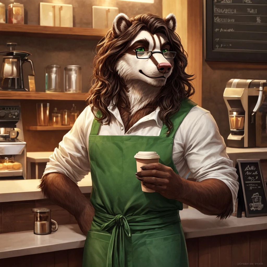 Handsome male badger. Scruffy brown long hair. Green eyes. Barista. Mosaic colourful shirt. Green apron. Beige jeans. Black glasses, pink nose. Coffee shop background. Semi realistic