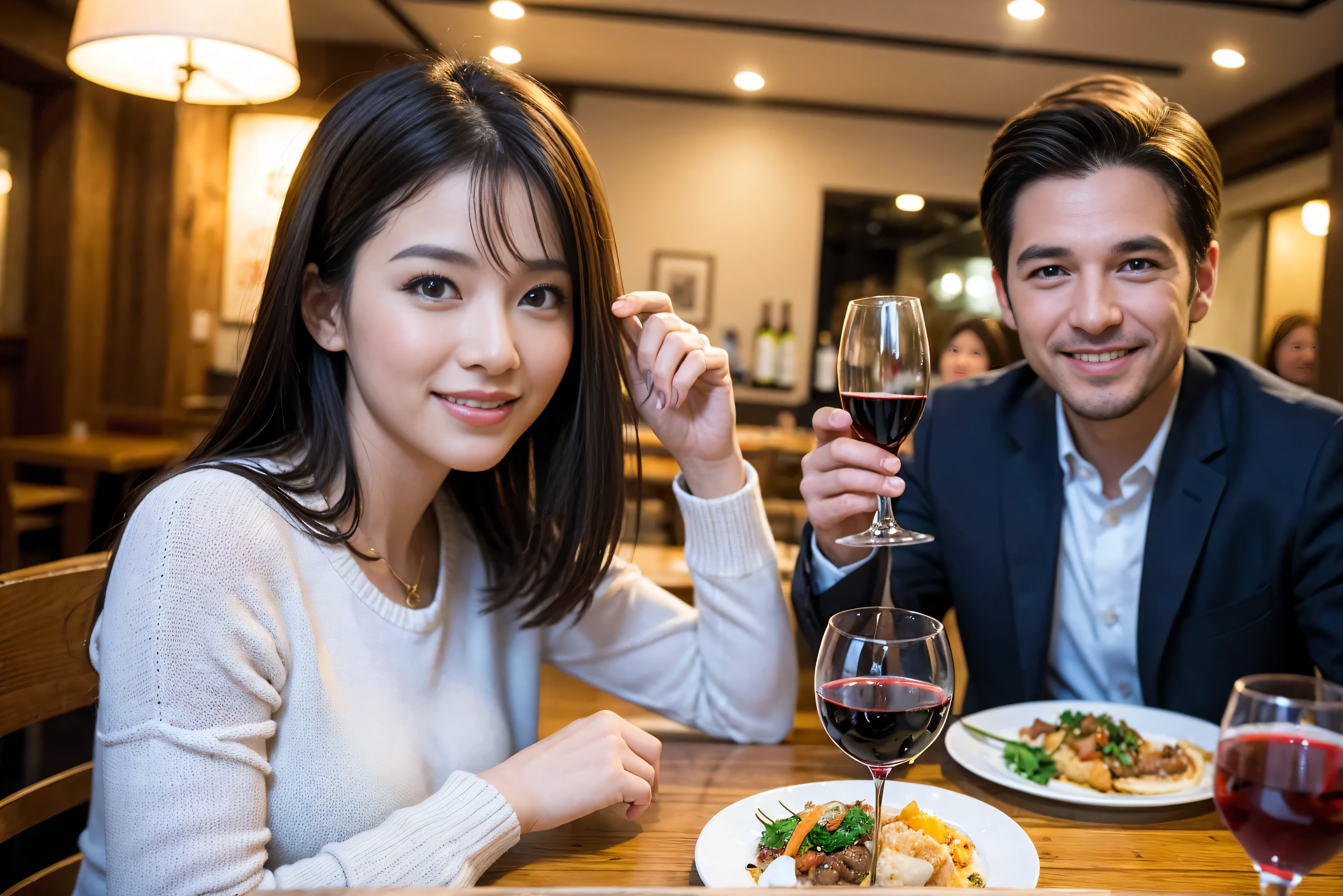 ((highest quality、8k、masterpiece:1.3))、1 male、1 female、lover、Beautiful couple、Japanese couple、Smile、 (Slim face), (the body is スリム), (Brown Hair), (Shortcuts), ((Bob Hale、Straight hair:1.2)), Wine glass on the table、Please shine a light on my face、 Amazing view of the sunset sky and clouds、Amazing mountain views、The beauty of a smile、Bright image、Blushing, Shortcuts,Bright Face、 (36 years old), 39 years old, red wine 、Appetizers、Italian food、Wine bottle、Champagne、sparkling wine、Long sleeve shirt、dress、Attractive beauty、restaurant, Nova Frog Style, actress, model, Upper Body, White wine, red wine, wine glass,