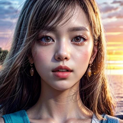 18yo girl in red tube-top dress, Stroll along evening Beach, (Acutance:0.85), Masterpiece of 8K Ultra-detailed, (VolumetricLighting), SmoothShading, (RAW Photo-realistic:1.37), (Close-up:1.4), (Gazing at the sunseting colorful sky) (Dazzling bokeh:1.28), { (Golden ray illuminating face) | (Vivid Photon Particles) | (Gust of wind) } . (((Extremely detailed a face variation of NOGIZAKA girls))), perfect anatomy, Childish, captivating gaze, elaborate detailed Eyes with (sparkling highlights:1.28), long eyelashes、Glossy RED Lips with beautiful details, Coquettish tongue, Rosy cheeks, (Detailed Flawless Skin, Radiant PearlSkin with clear transparency) , Shiny SilkyHair, Random Solid HairColor. { (Dynamic joyful expressions) | (:d) }, (no Large eyes, no tree).