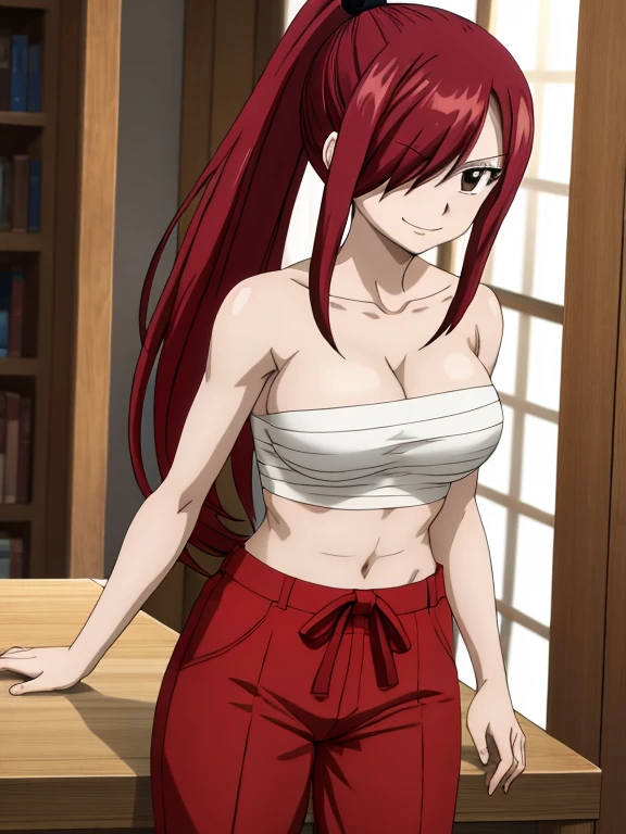 masterpiece, best quality, highres, anime style, anime official art,fairy tail, 1girl, long hair, red hair, ponytail, white ribbon, hair over one eye, brown eyes, seductive smile, large breasts, collarbone, chest sarashi, bandage, bare arms, midriff, red hakama, red pants, cowboy shot, indoors, standing,