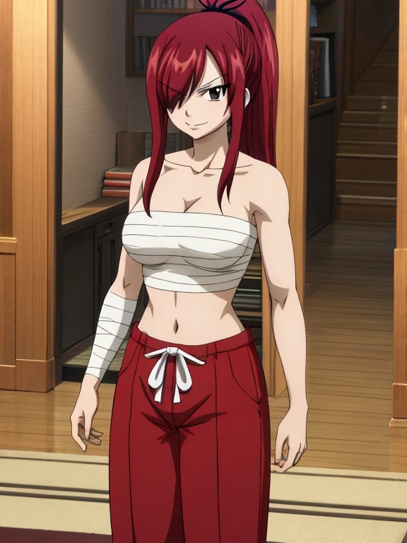 masterpiece, best quality, highres, anime style, anime official art,fairy tail, 1girl, long hair, red hair, ponytail, white ribbon, hair over one eye, brown eyes, seductive smile, large breasts, collarbone, chest sarashi, bandage, bare arms, midriff, red hakama, red pants, cowboy shot, indoors, standing,