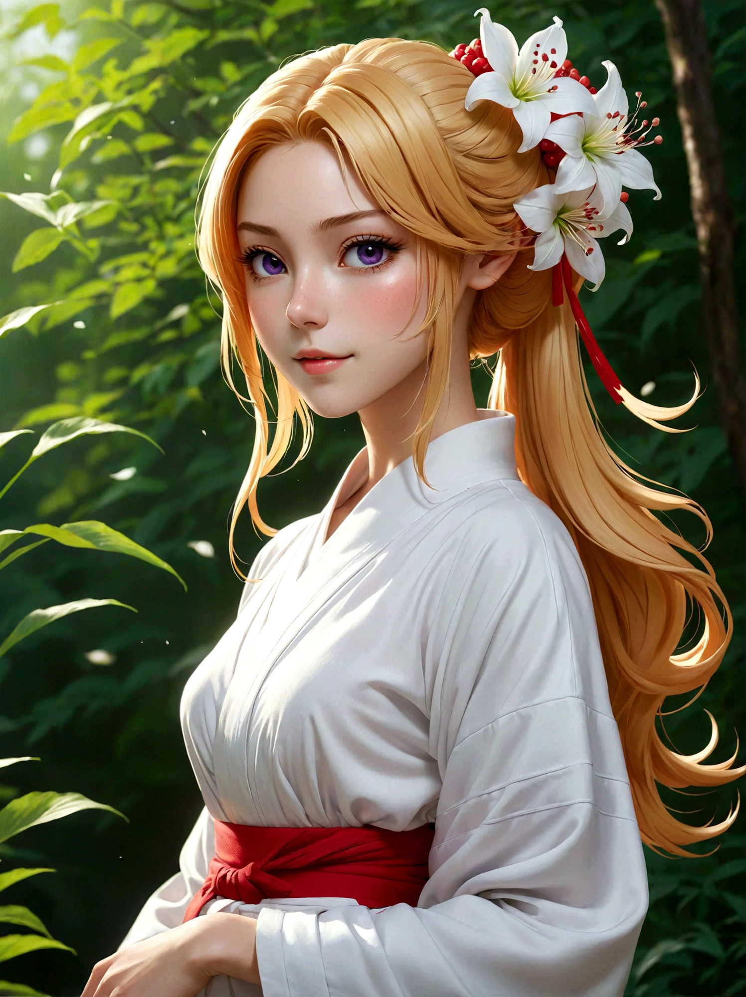 1girl, Inoue Orihime, bleach, Light blond hair, wavy ponytail, dark purple eyes, fair skin, soft face, school uniform, white kimono-style robe, red decoration, simple accessories, elegant temperament, kind, optimistic, selfless, healing ability, Shield Shun Six Flowers, forehead mark, six petals, Very aesthetic, illustration, perfect composition, moist skin, intricate details