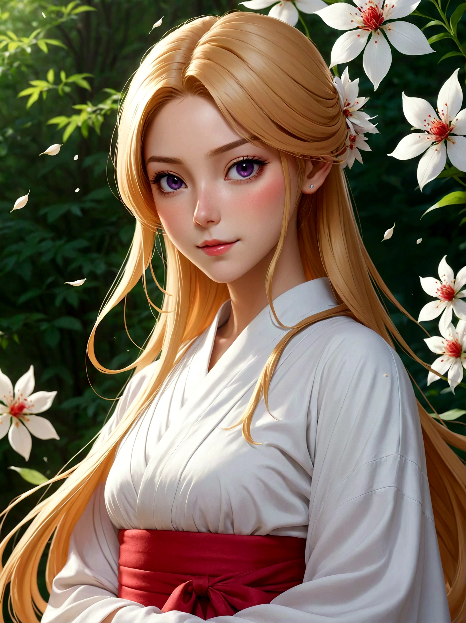 1girl, Inoue Orihime, bleach, Light blond hair, wavy ponytail, dark purple eyes, fair skin, soft face, school uniform, white kimono-style robe, red decoration, simple accessories, elegant temperament, kind, optimistic, selfless, healing ability, Shield Shun Six Flowers, forehead mark, six petals, Very aesthetic, illustration, perfect composition, moist skin, intricate details