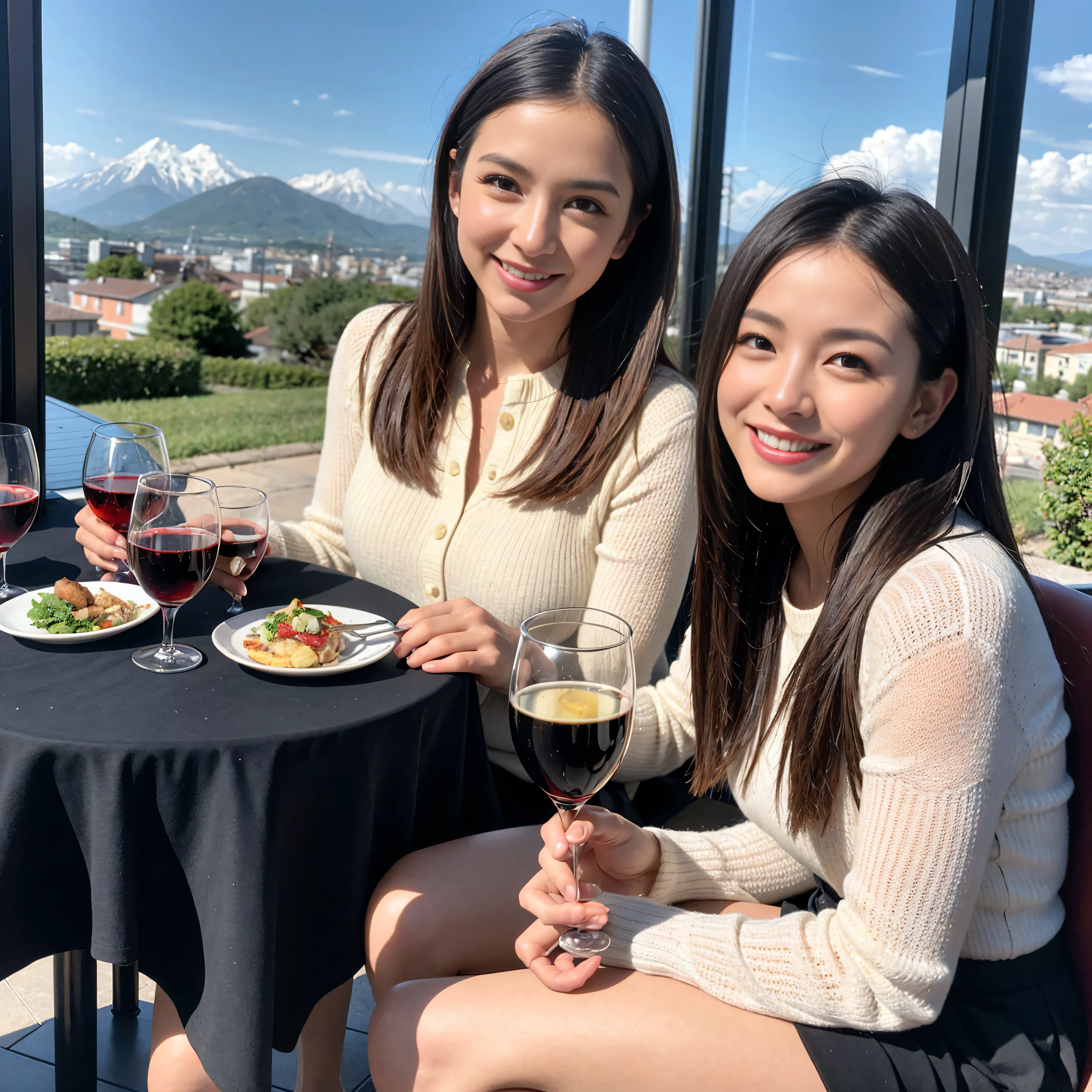 ((highest quality、8k、masterpiece:1.3))、1 male、1 female、lover、Beautiful couple、Japanese couple、Smile、 (Slim face), (the body is ス??), (Brown Hair), (Shortcuts), ((Bob Hale、Straight hair:1.2)), Wine glass on the table、Please shine a light on my face、 Amazing view of the sunset sky and clouds、Amazing mountain views、The beauty of a smile、Bright image、Blushing, Shortcuts,Bright Face、 (36 years old), 39 years old, red wine 、Appetizers、Italian food、Wine bottle、Champagne、sparkling wine、Long sleeve shirt、dress、Attractive beauty、restaurant, Nova Frog Style, actress, model, Upper Body, White wine, red wine, wine glass,